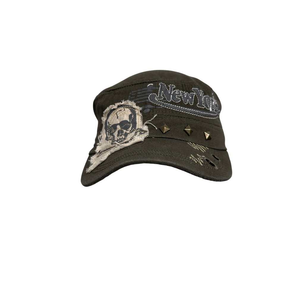 Sport Cap Military Cadet Hat Mens OSFM Green Skull Patch Studded New York Cap